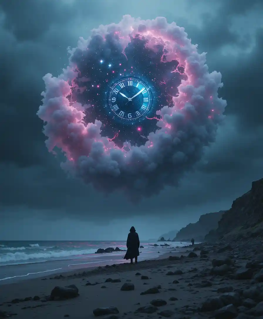 發光宇宙時鐘下的孤獨披風身影