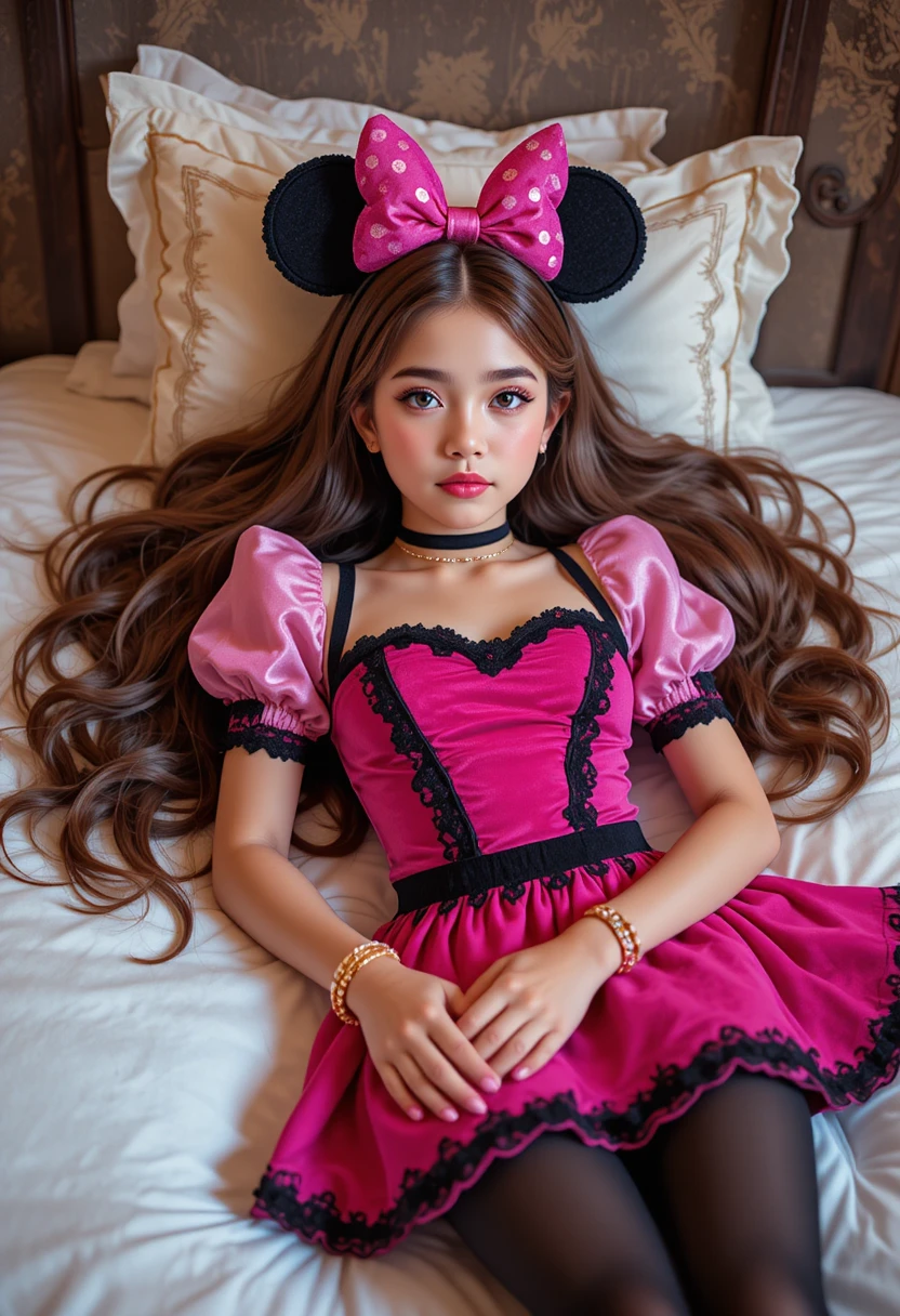 Menino pré-adolescente com fantasia da Minnie Mouse descansando em cama com dossel de hotel