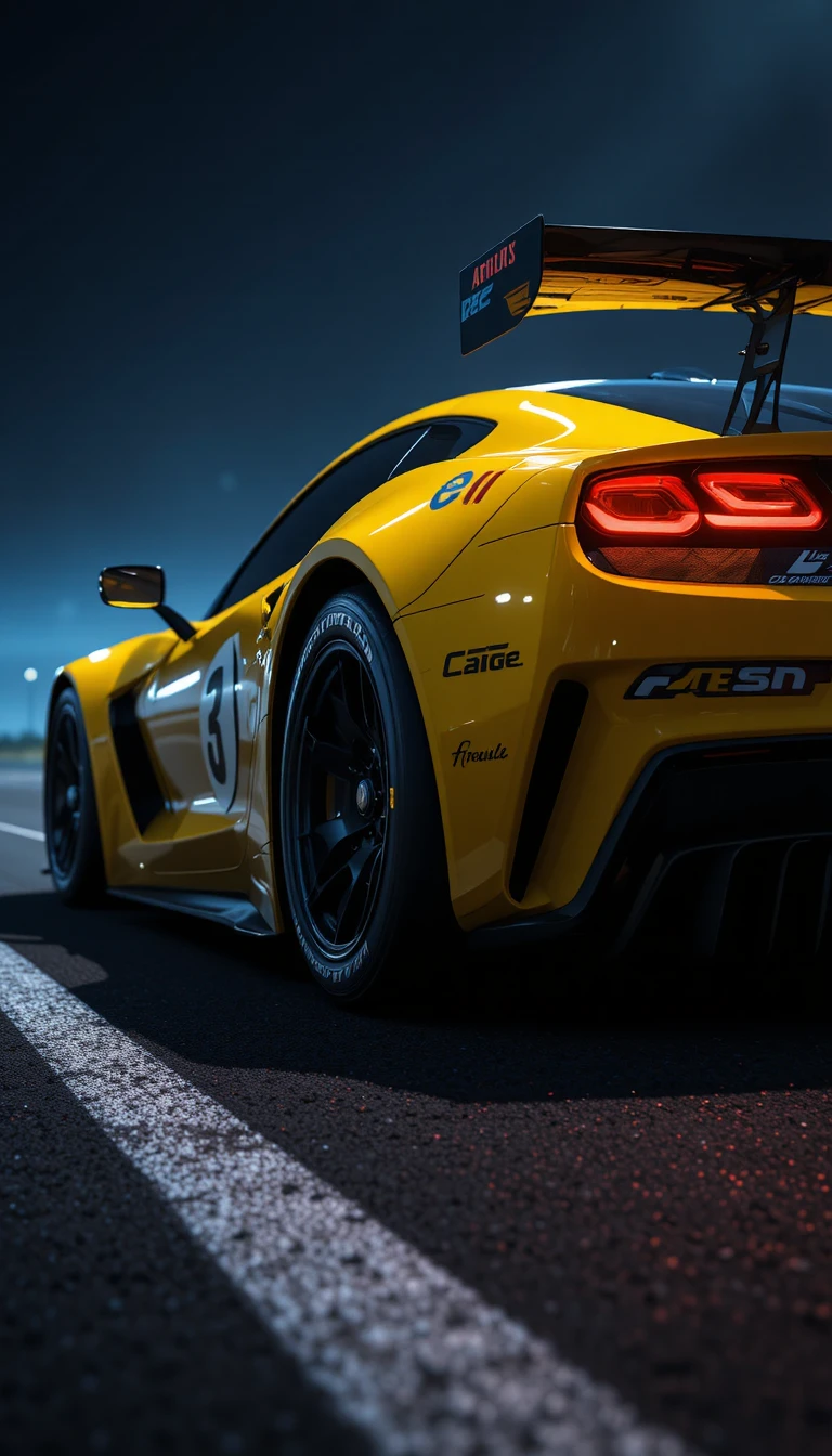 Yellow sports car under spotlight on dark racetrack