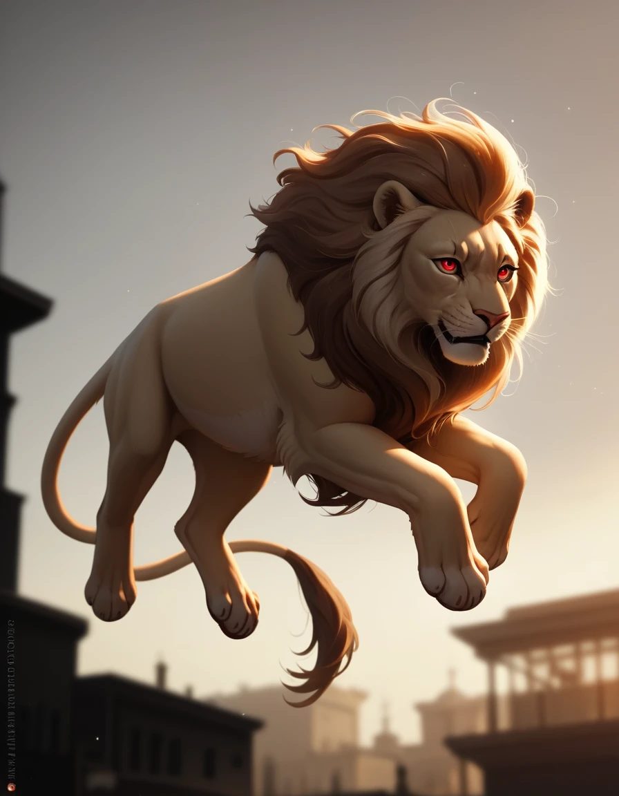 Powerful lion striding through a dramatic urban marketplace