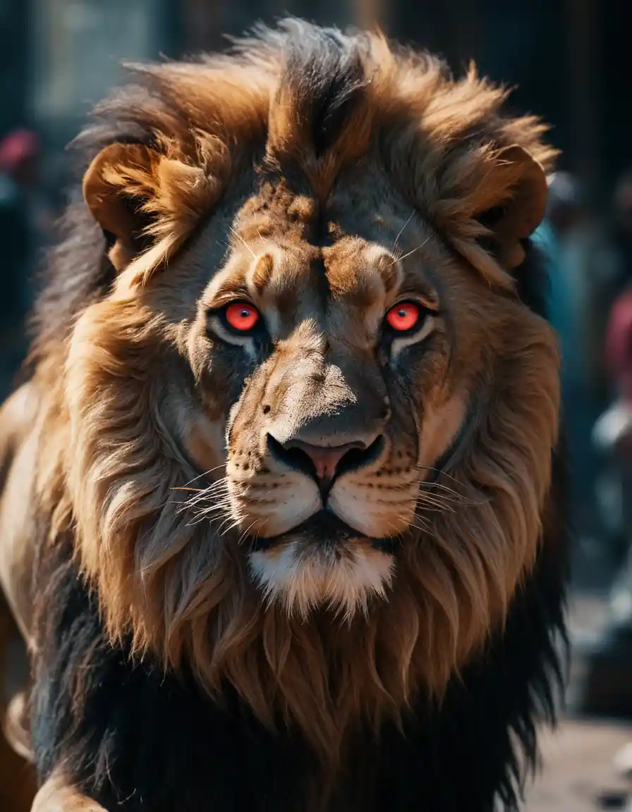 Lion emerging through a dramatic indian street marketplace