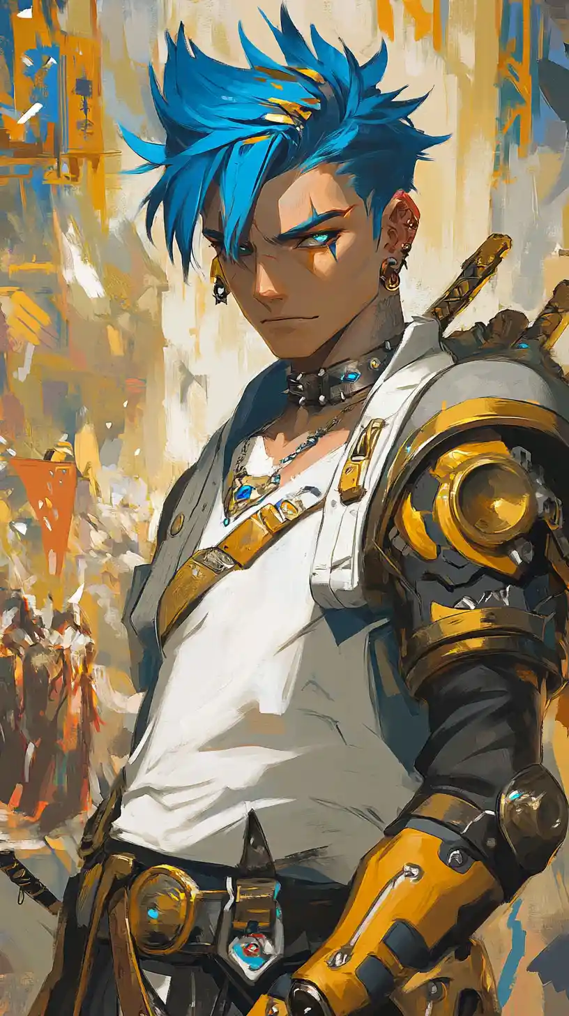 Blue haired warrior knight standing in a magical fantasy city