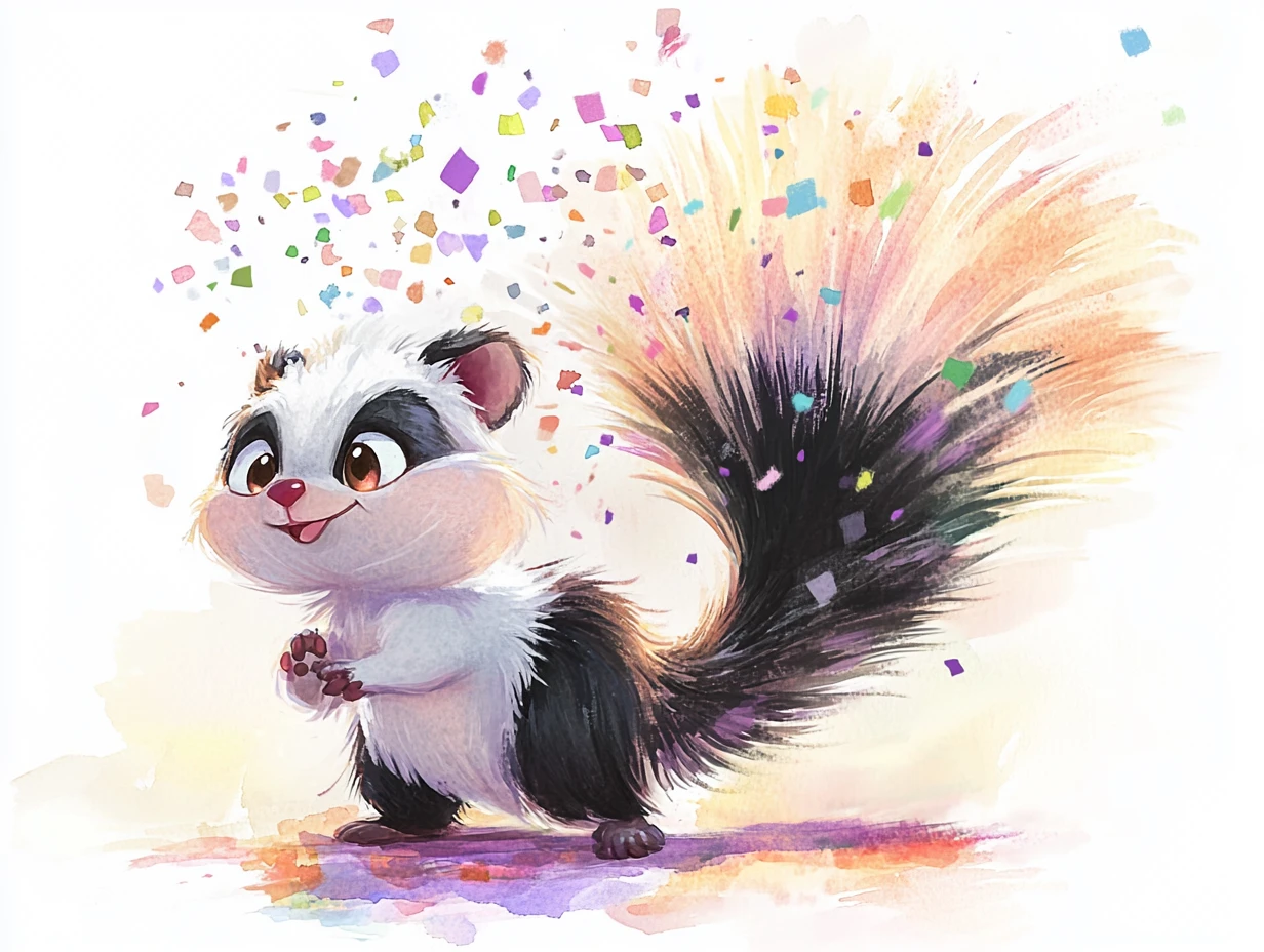 Adorable bébé moufette qui projette du confetti coloré au crépuscule