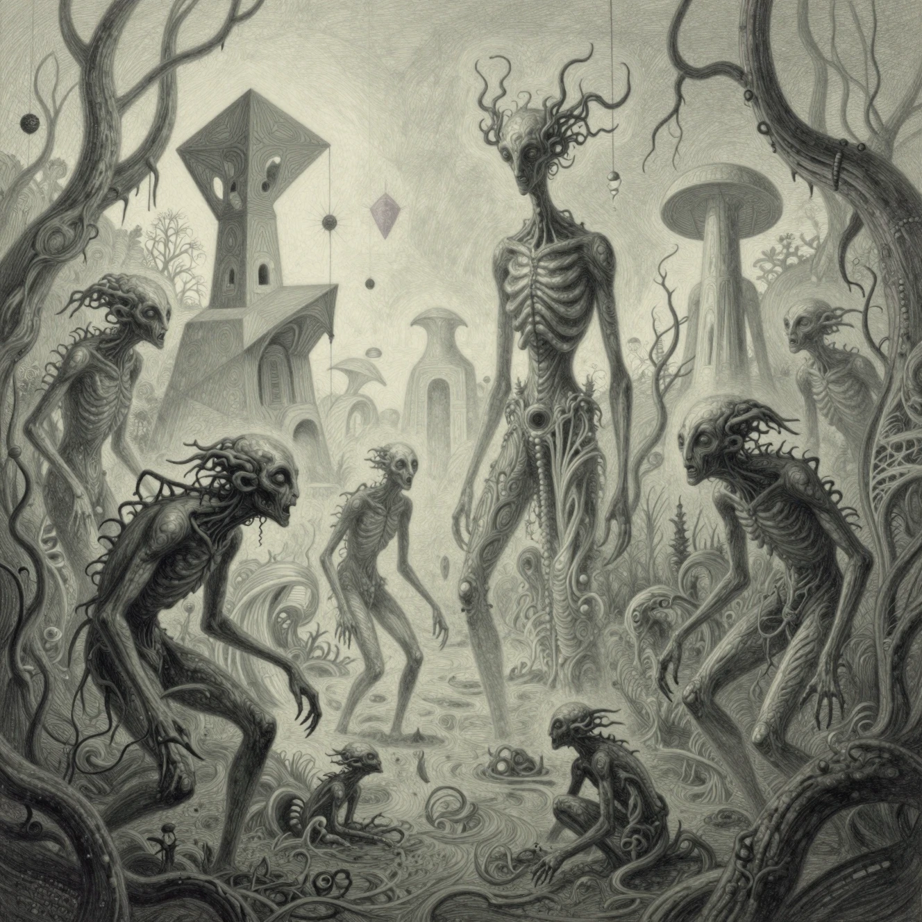 Monstros aterrorizantes emergindo de uma paisagem de pântano surreal