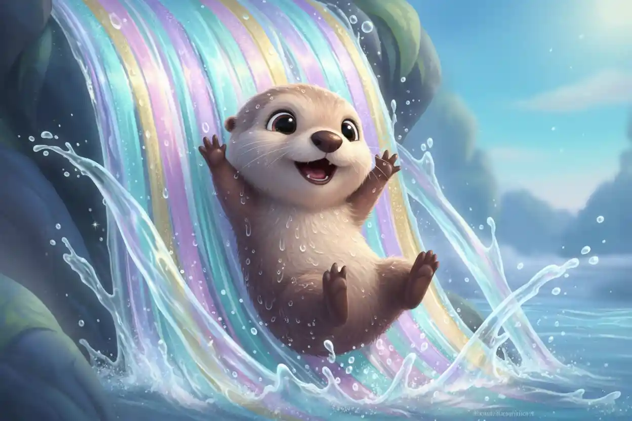 Baby-Otter rutscht einen pastellfarbenen Regenbogen-Wasserfall hinunter