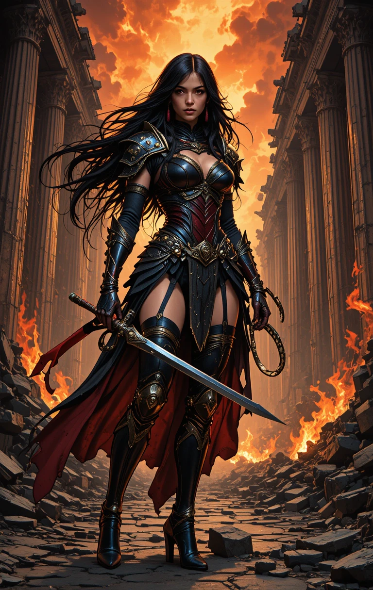 Dark haired warrior woman in ruins with sword and whip