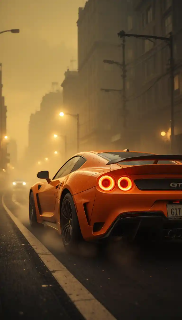 Auto sportiva arancione che sfreccia nella notte urbana nebbiosa
