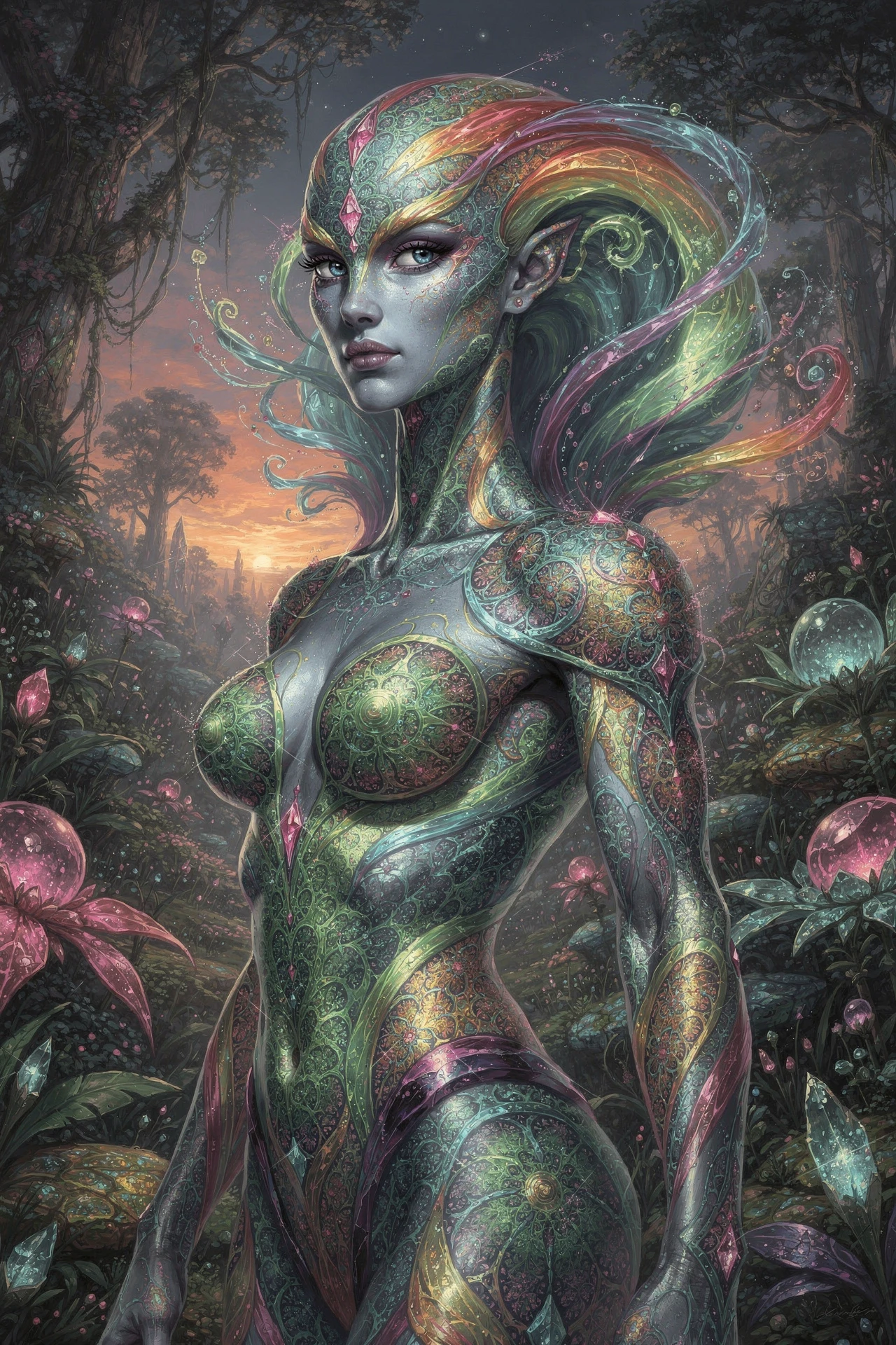 Retrato de alienígena iridescente no crepúsculo de uma selva luminosa