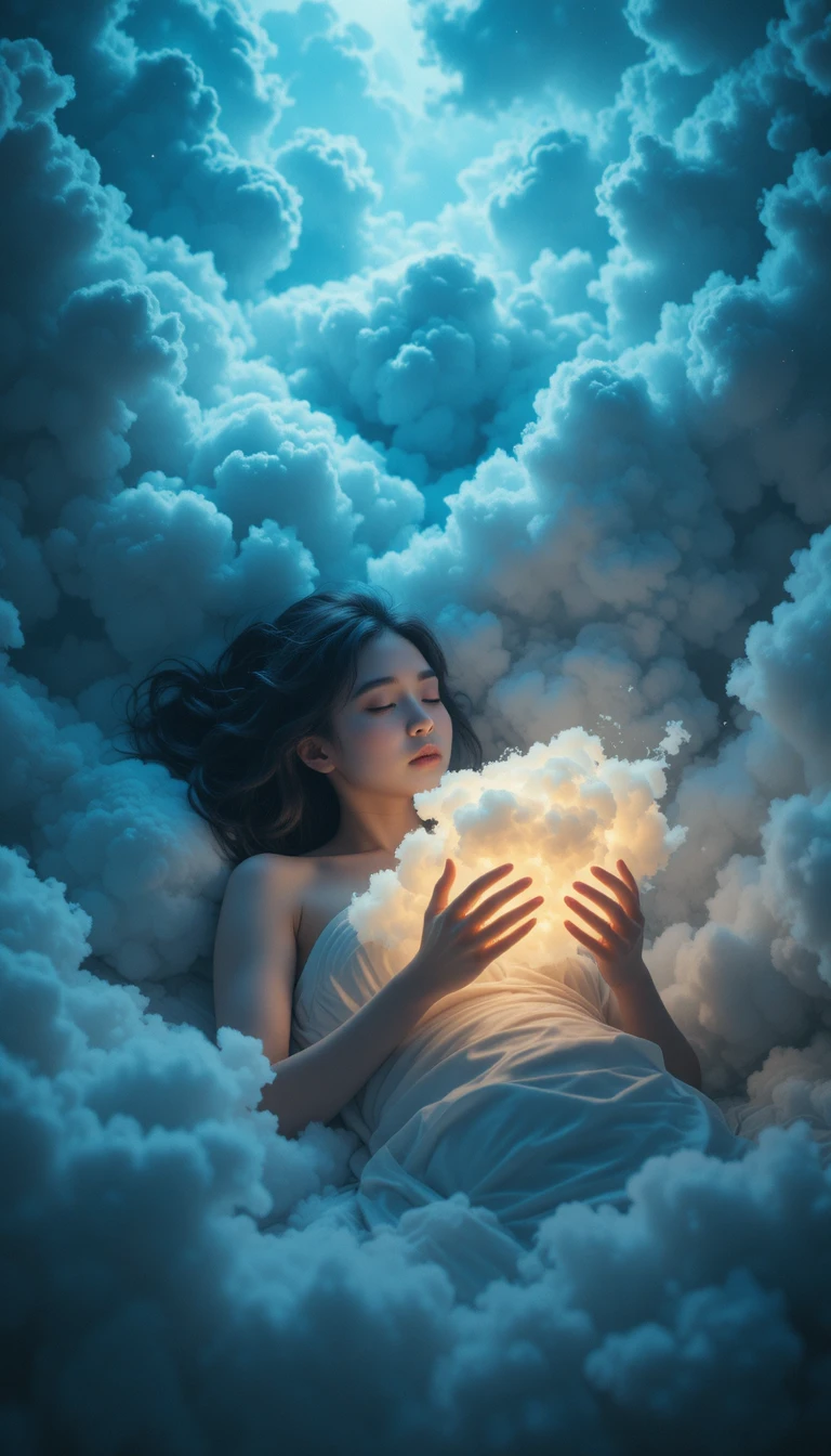 Persona dormida sosteniendo una nube brillante en una luz de ensueño