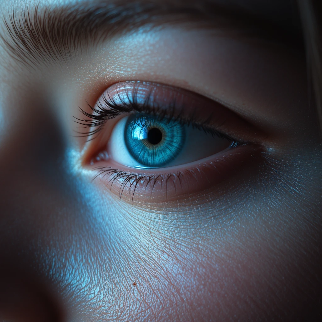Close-up extremo de um olho humano azul com detalhes de pele