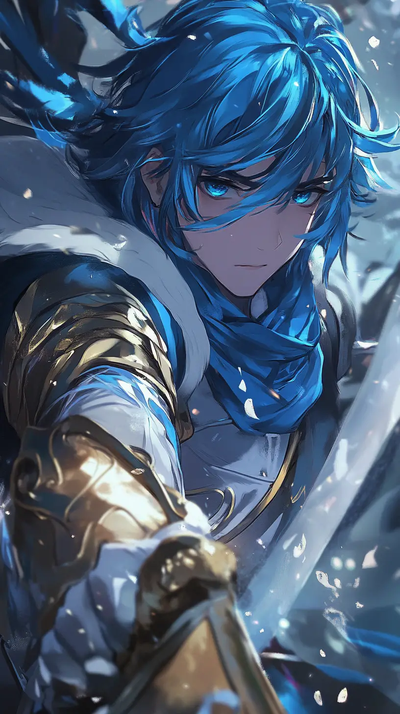 Blue haired anime warrior knight in close up portrait