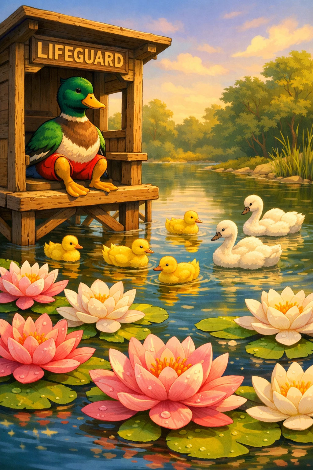 Anthropomorphic lifeguard duck watching over a lily lake