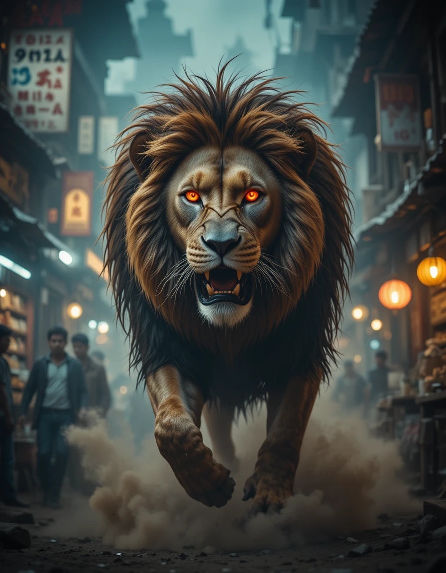 Leão emergindo em um dramático mercado de rua indiano