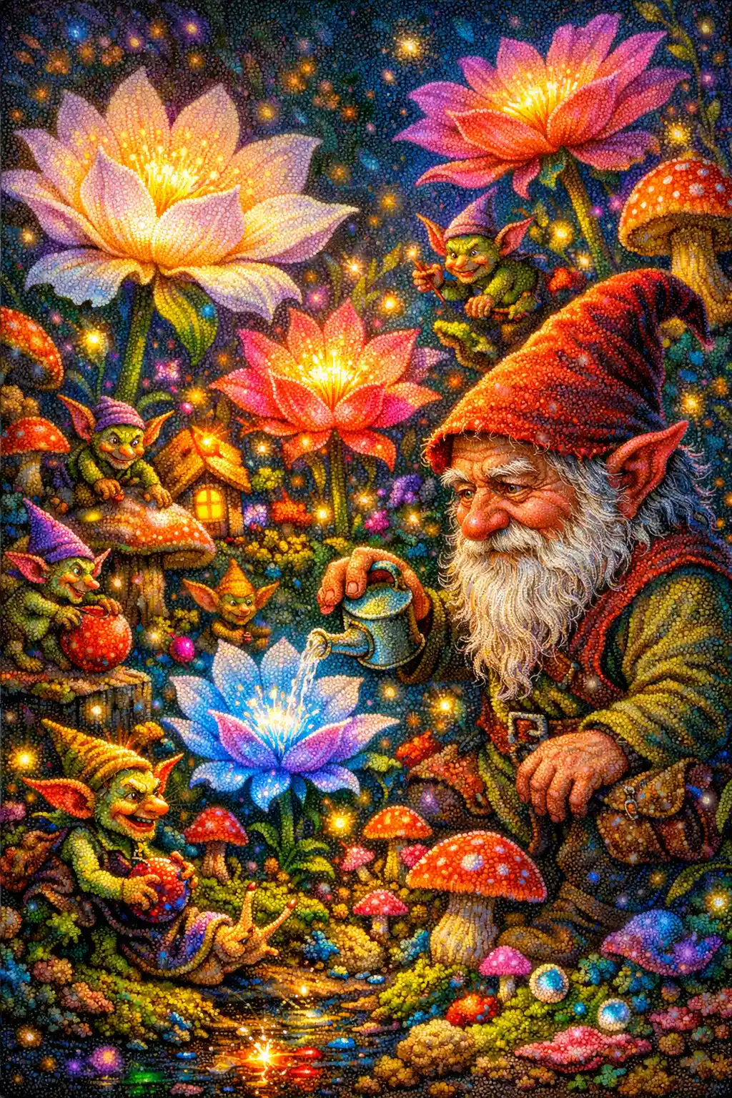 Gnome malicieux dans un mini-jardin enchanté et lumineux