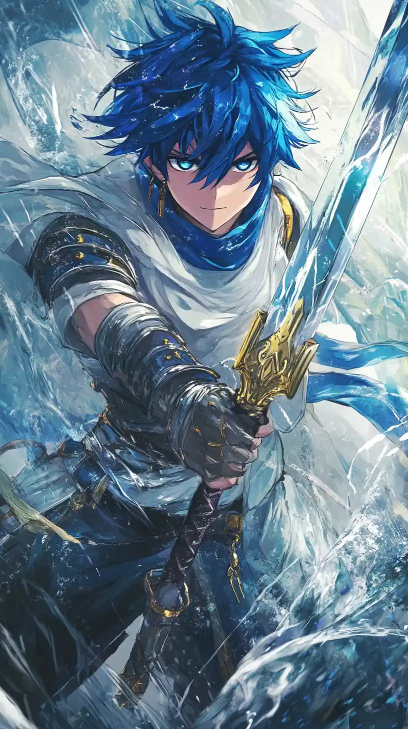 Cavaleiro de anime de cabelo azul em retrato dinâmico em close