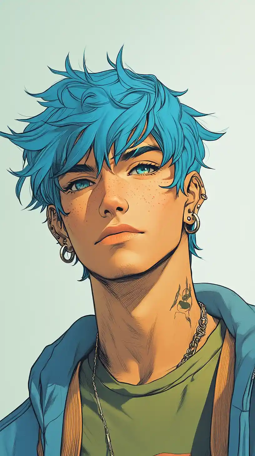 Blue haired anime man standing with a confident pose