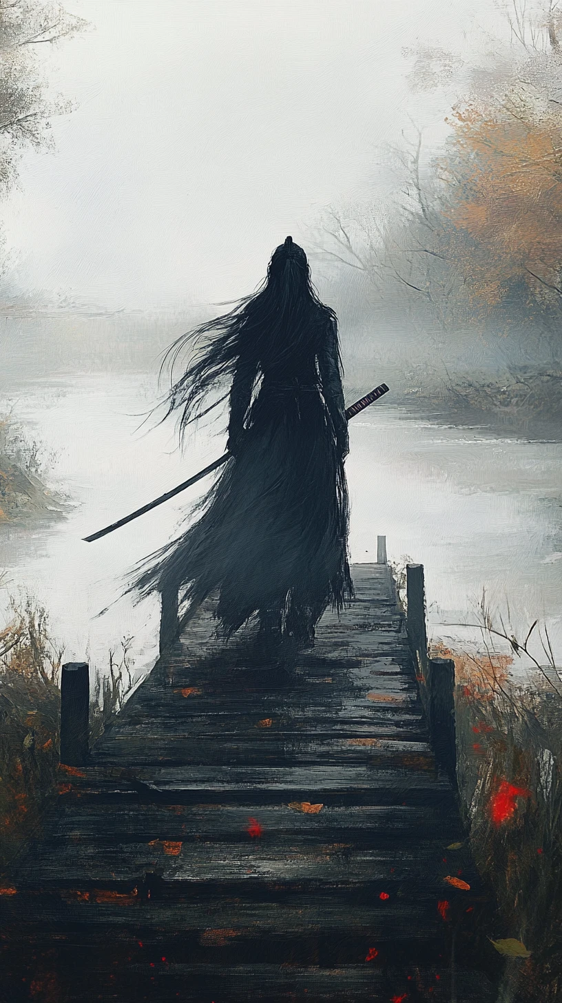 Samurai solitário atravessando uma ponte de madeira enevoada