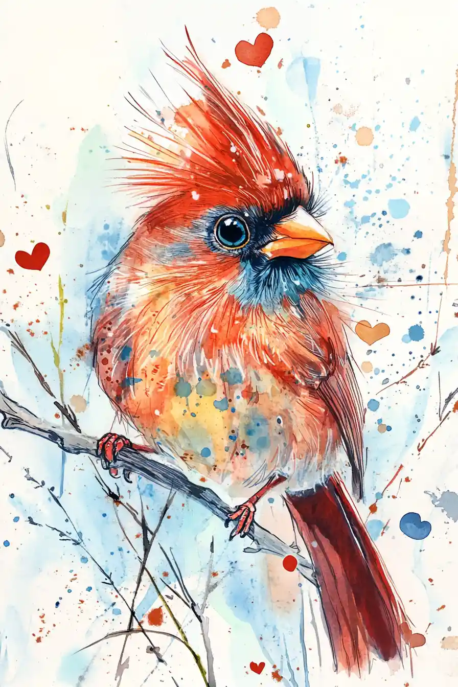 Pássaro vermelho fantasioso com taco em cena folclórica em aquarela