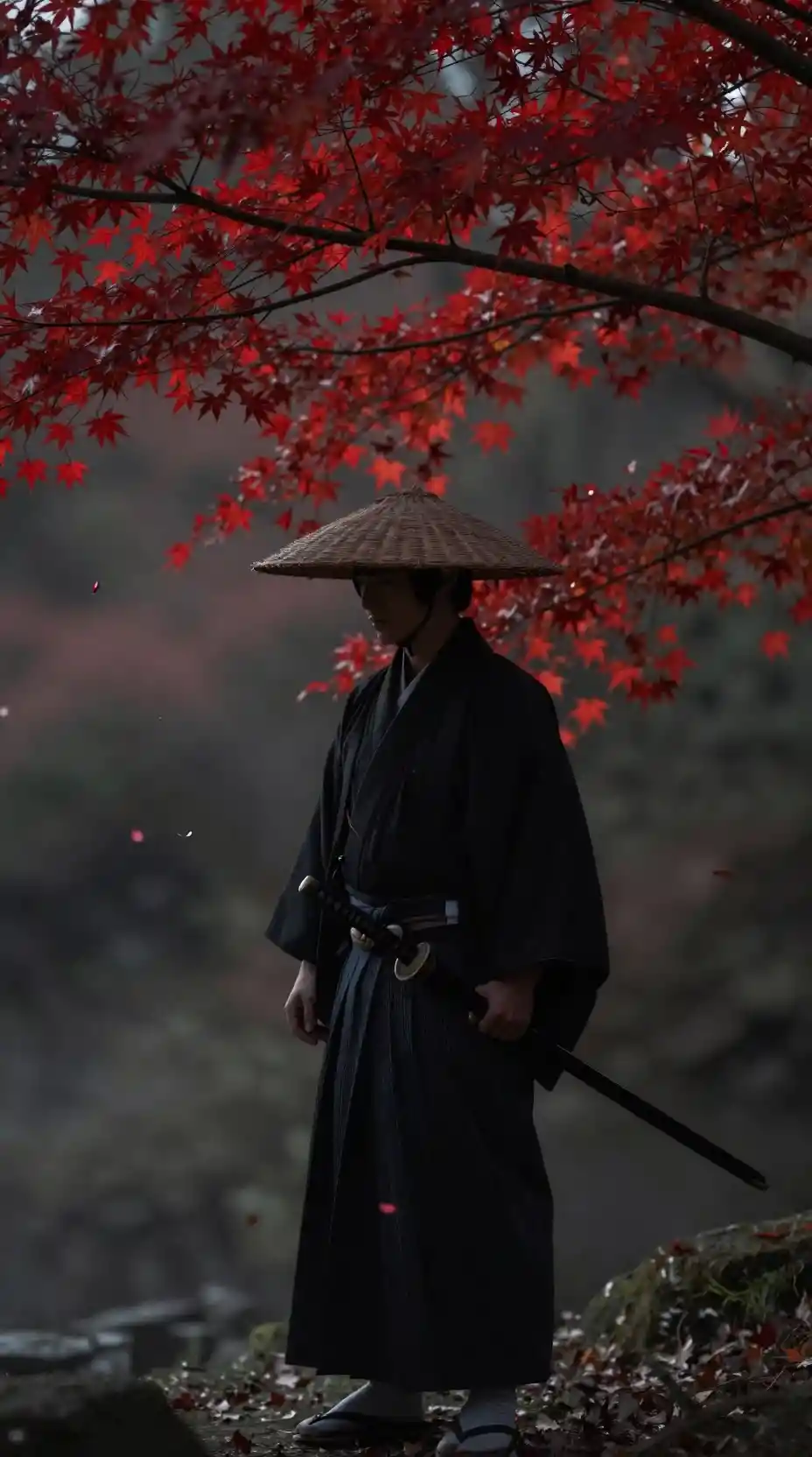 Samurai Standing Under Red Maple Leaves In Silence