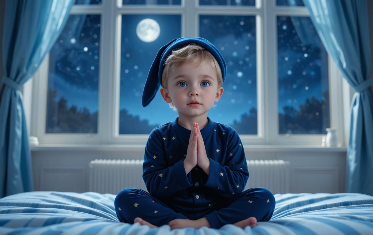 Menino loiro rezando em uma cama aconchegante iluminada pela lua