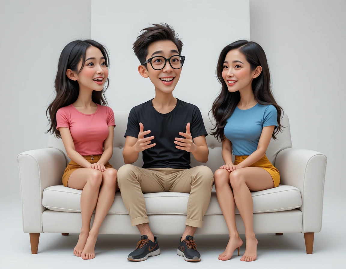Three friends talking together on a white studio sofa