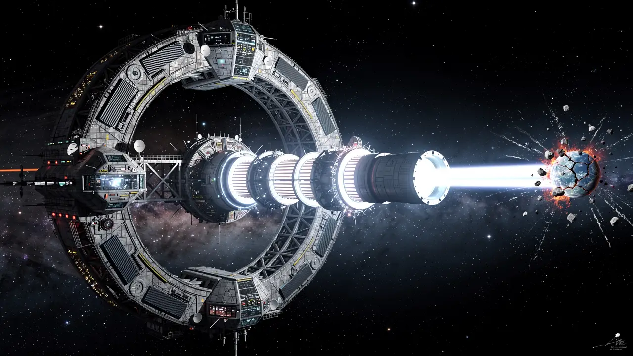 Gigantisches hufeisenförmiges Raumschiff zerstört einen fernen Planeten