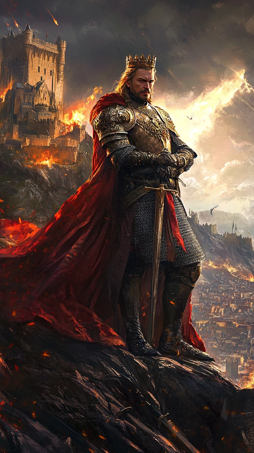 Roi majestueux sur une falaise face à une forteresse menaçante en pleine tempête