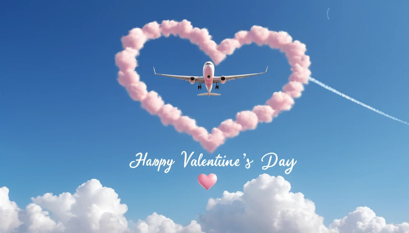 Avion écrivant un message de joyeuse Saint-Valentin dans un ciel nuageux