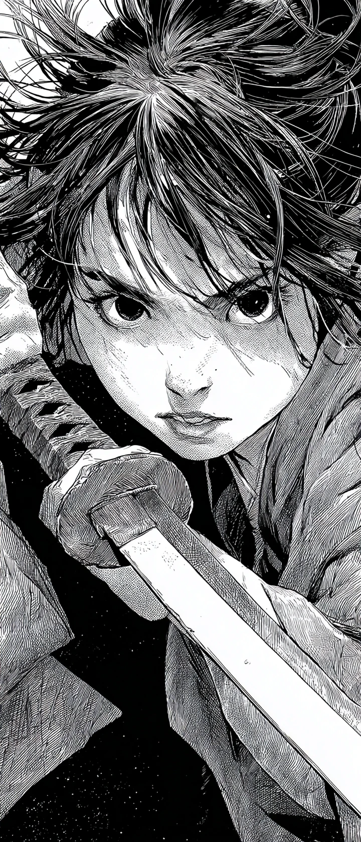 Fierce samurai woman kneeling with katana in manga ink style