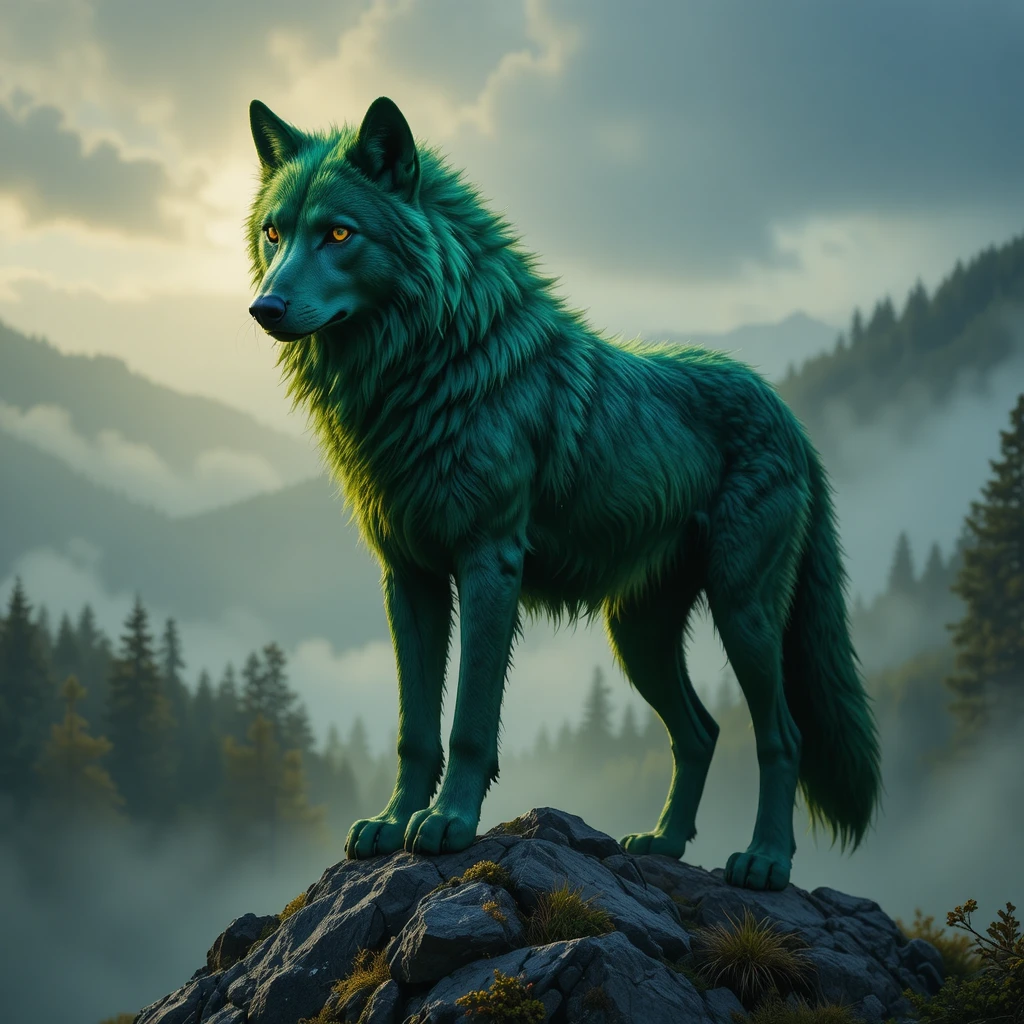 Lobo Esmeralda em Montanha Nebulosa ao Amanhecer