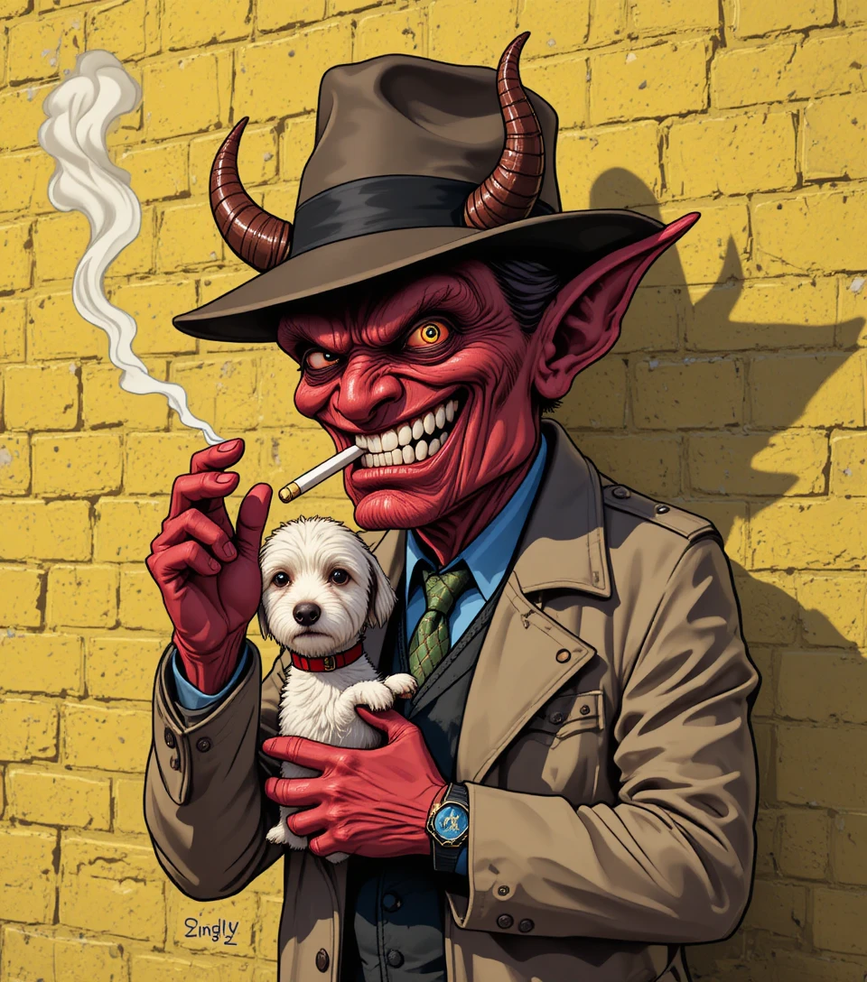 Démon de dessin animé en trench-coat tenant un petit chien