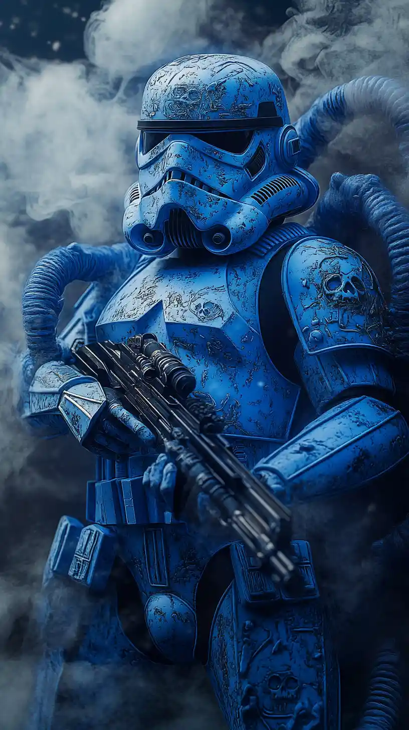 Armored stormtrooper army in blue gear amid dense fog