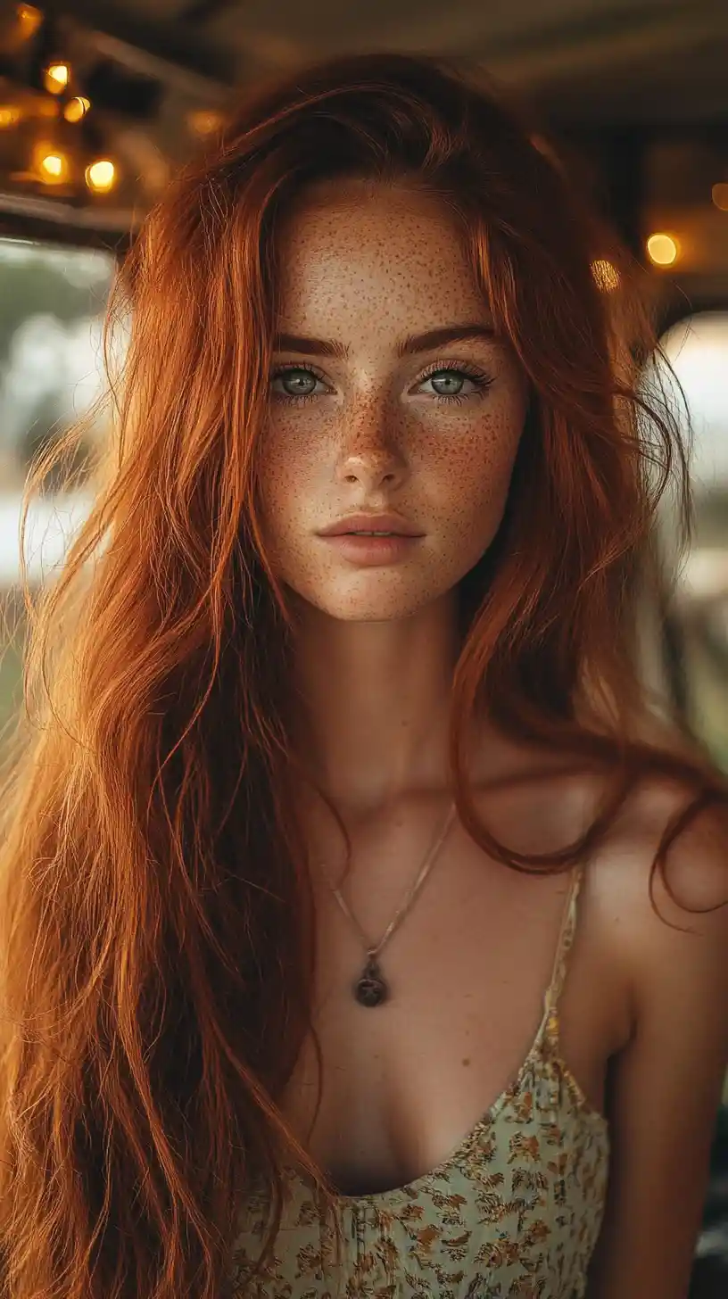 Jeune fille rousse aux taches de rousseur dans un van aménagé aux lumières chaleureuses