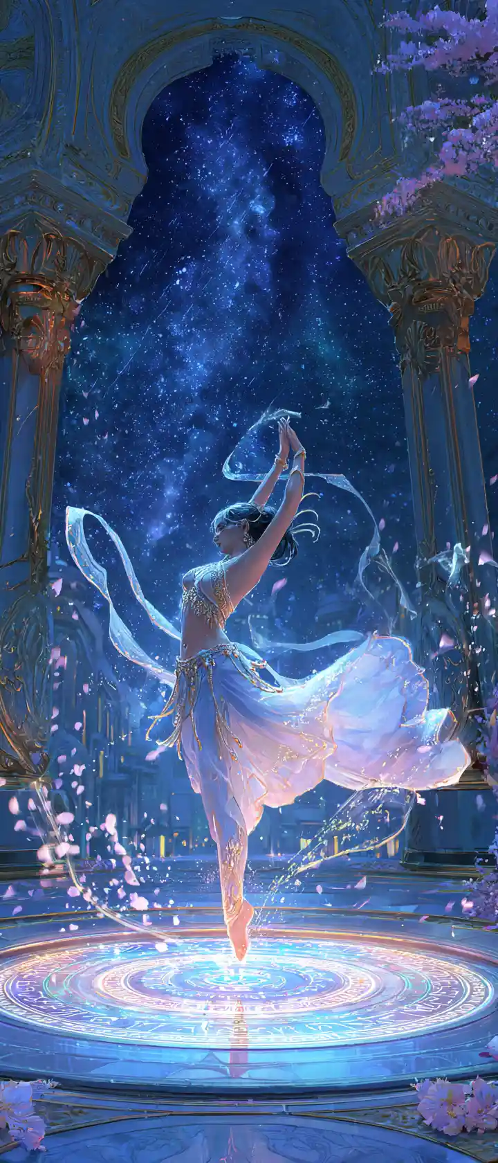 Oriental fantasy dancer on glowing rune stone stage