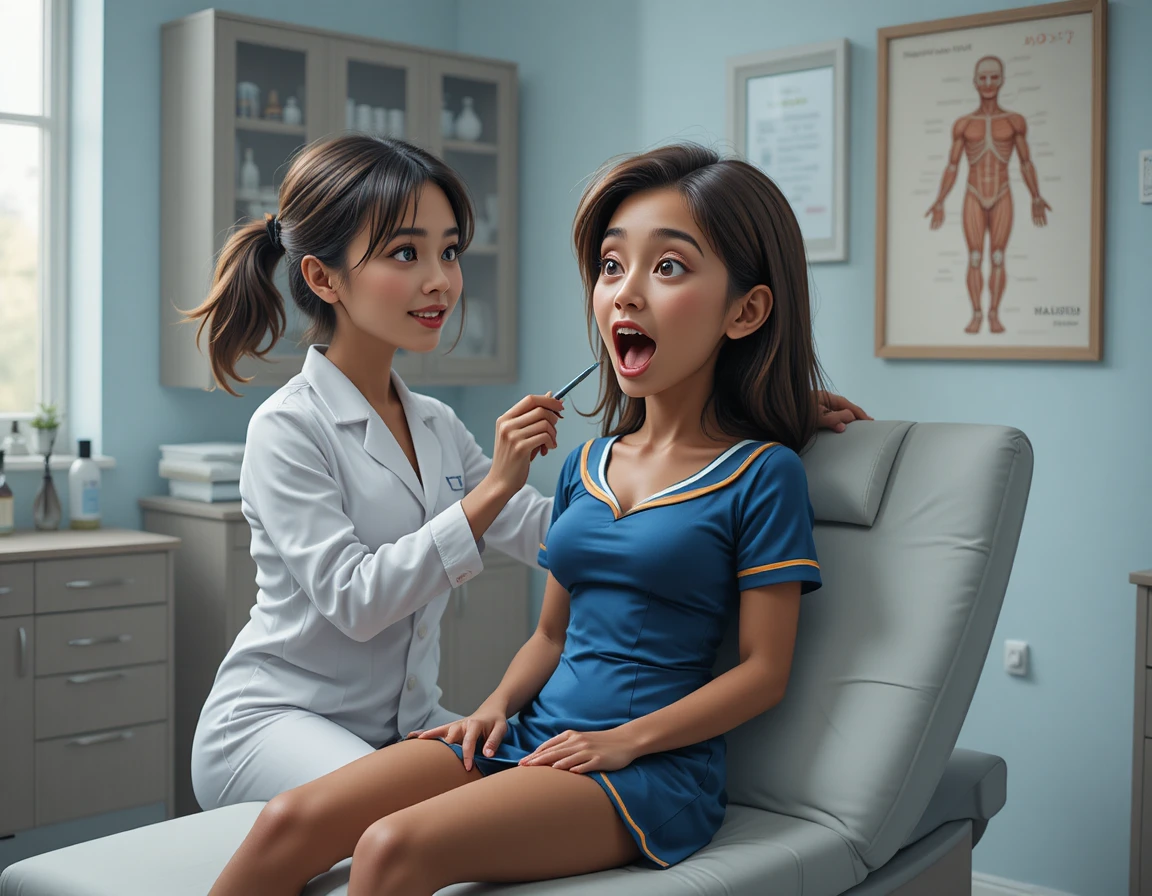 Nurse examining cheerleader in a bright medical office