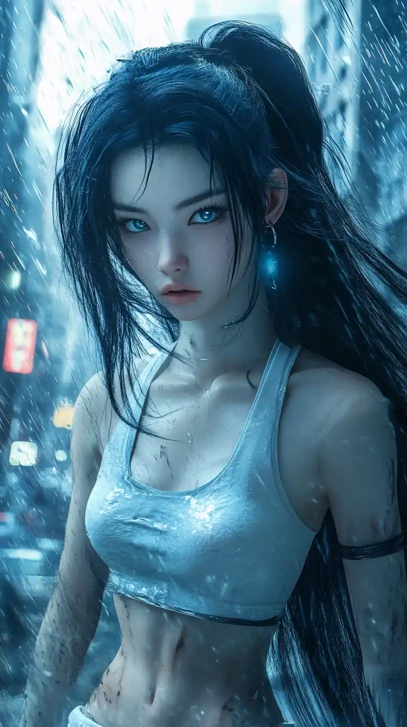흰 옷을 입은 애니메이션 소녀가 도시 거리에서 서 있는 모습