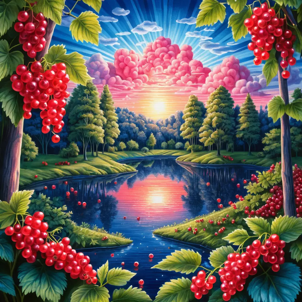 超現實的日出湖泊與紅加侖子夏日景色