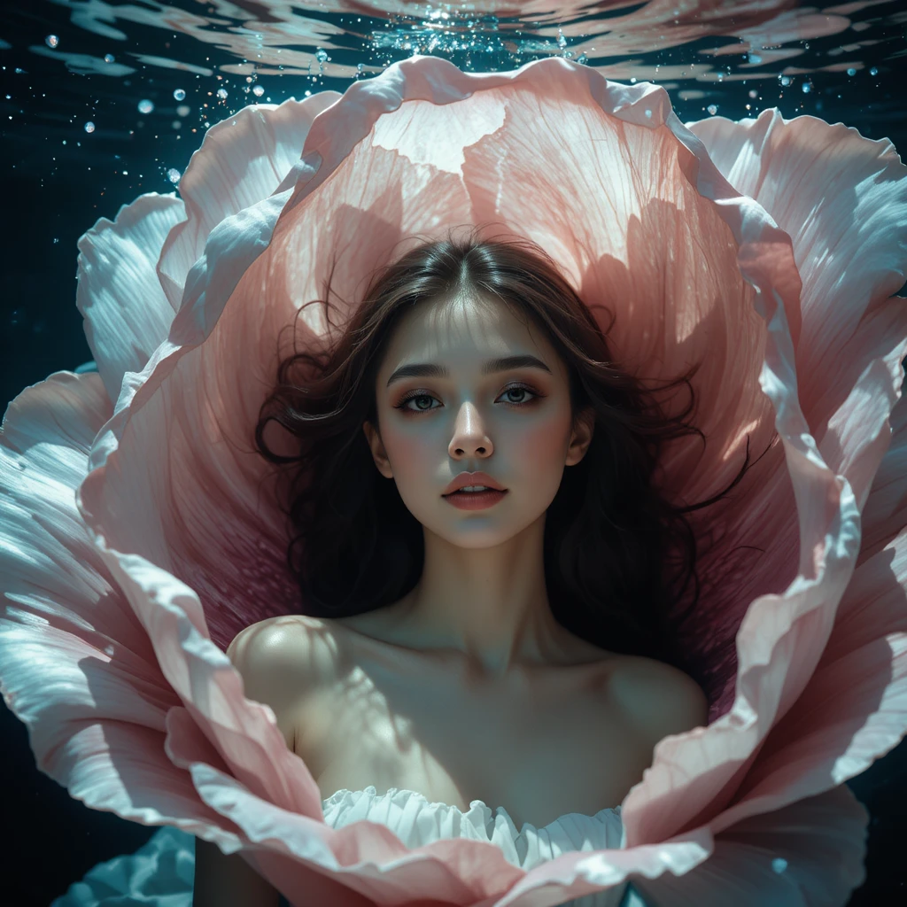 Donna che riposa in un petalo di fiore gigante sotto acqua scintillante