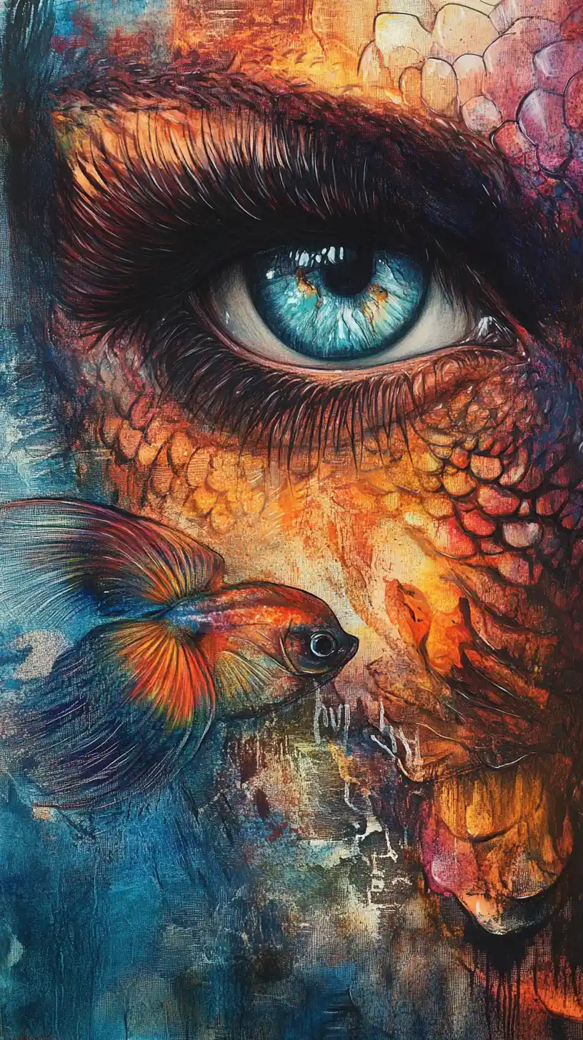 Surreal mermaid close up in bold psychedelic mixed media