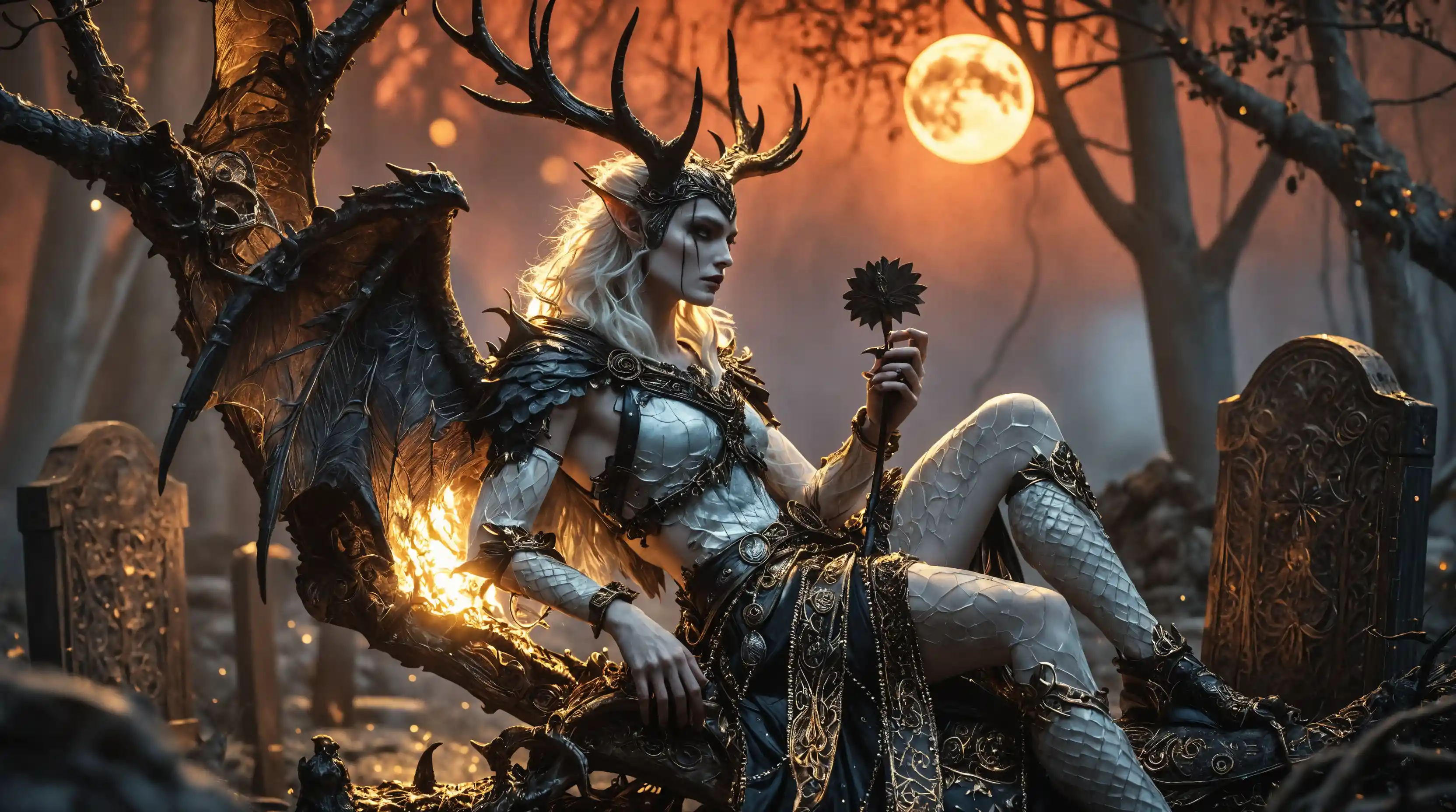 Mystical full body fantasy woman in moonlit darkness