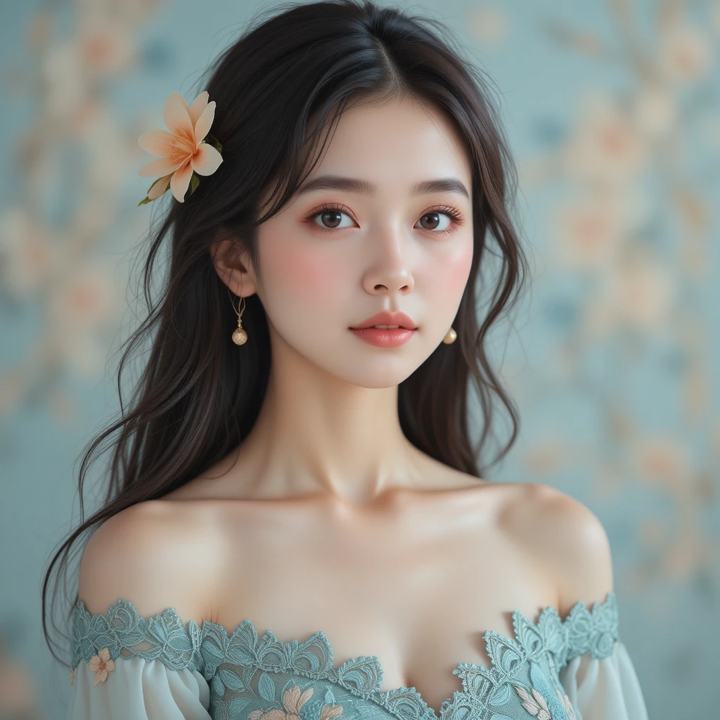 Young Asian woman in teal lace dress with flower
