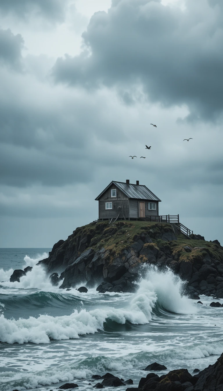 Casa de madeira solitária em penhascos sobre mar cinza e tempestuoso