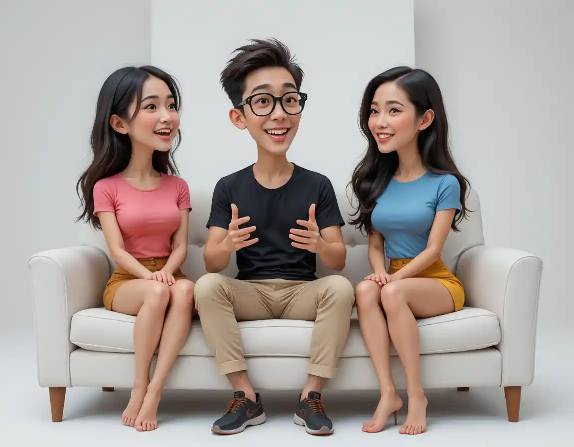 Three friends talking together on a white studio sofa