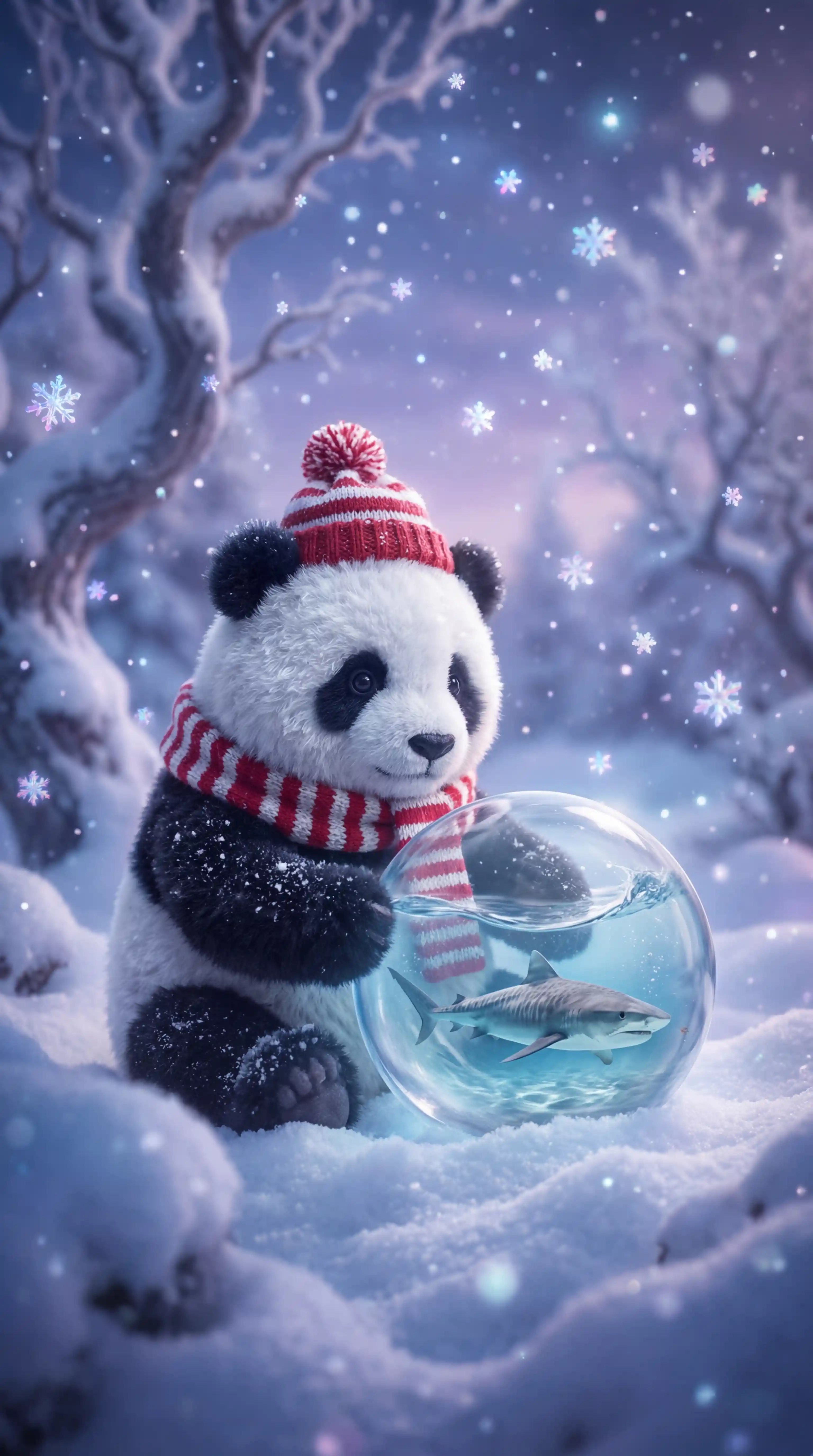 Flauschiger Panda im Schnee mit einer magischen Glaskugel