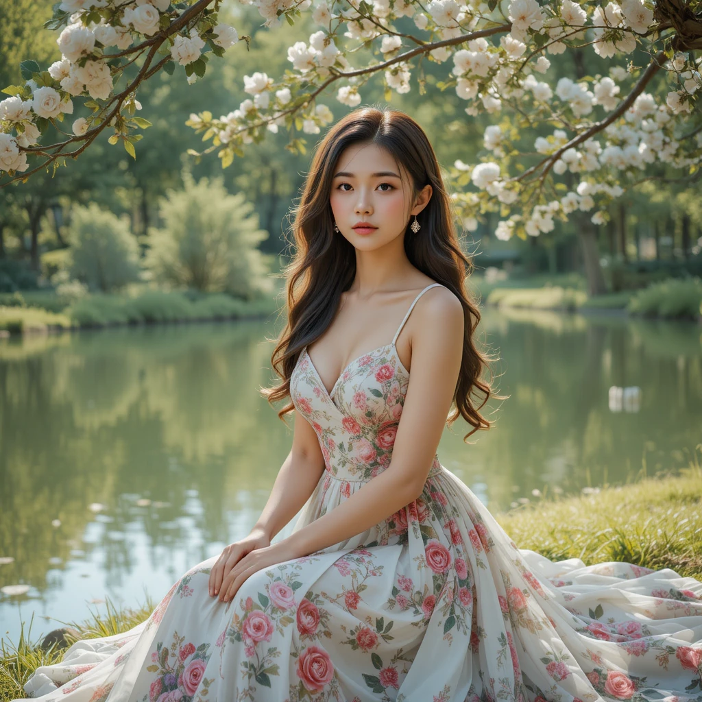 Mujer con vestido floral sentada junto a un estanque tranquilo