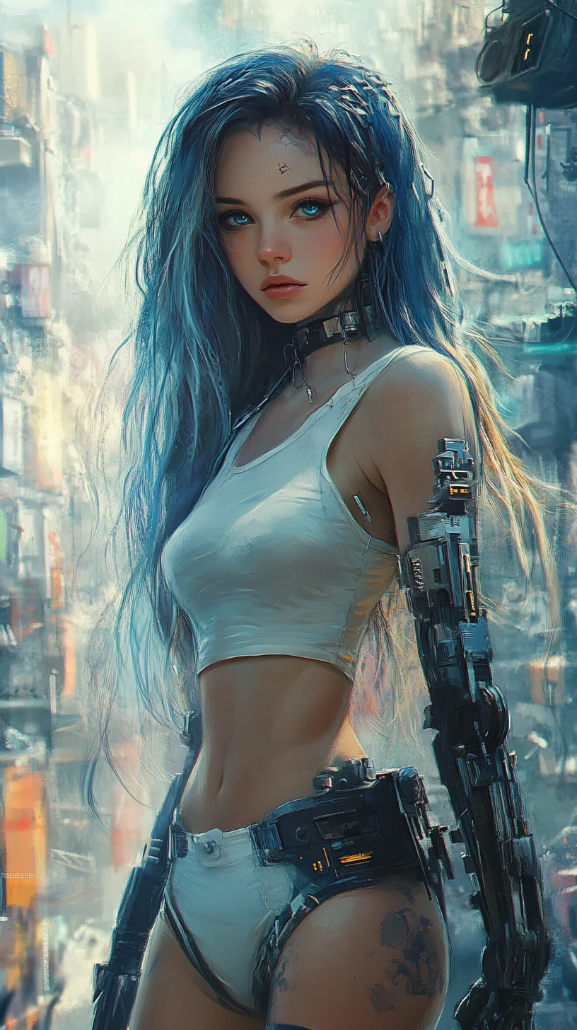Steampunk anime girl in white outfit in futuristic city
