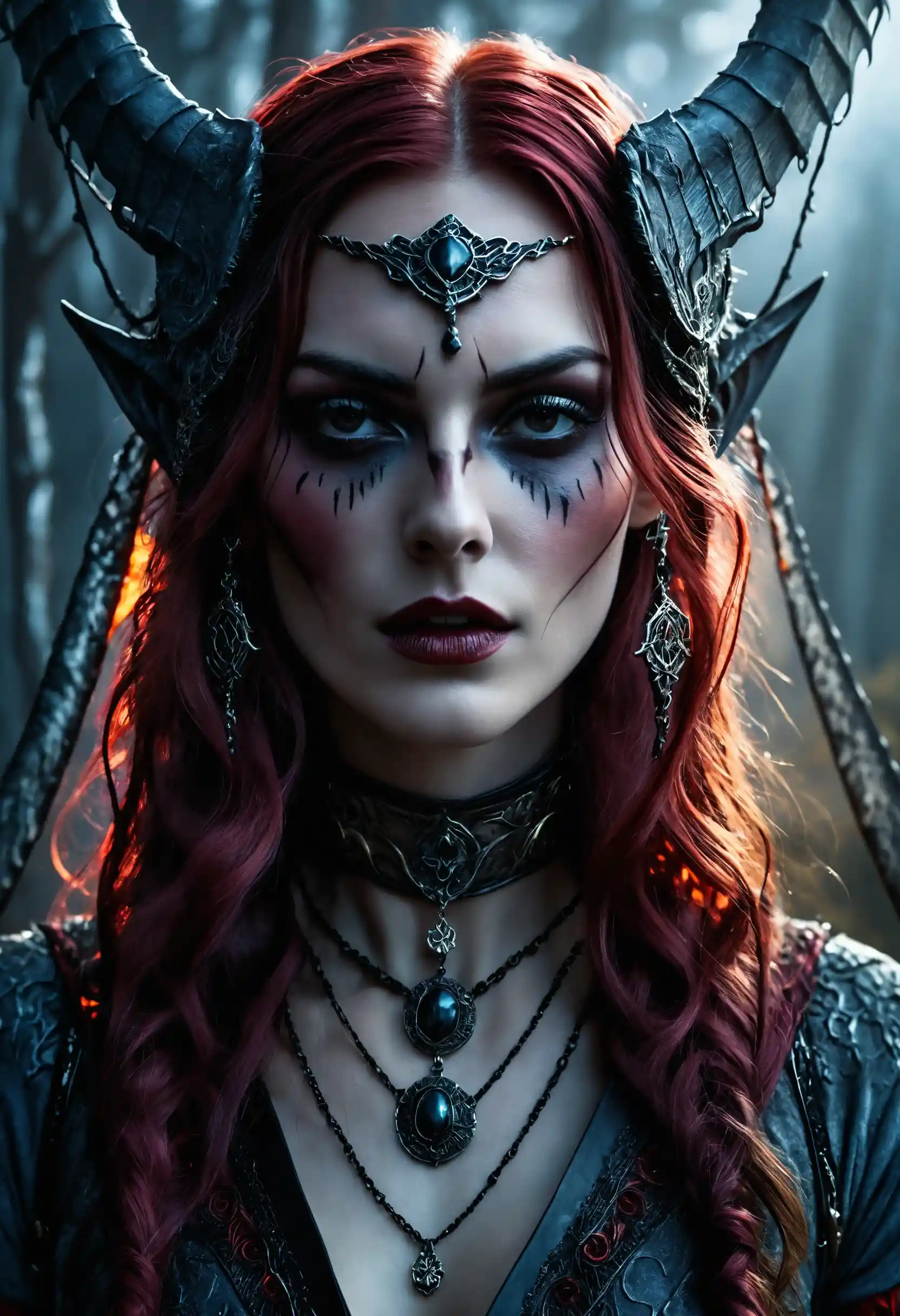 Full body gothic fantasy woman in moonlit cinematic scene