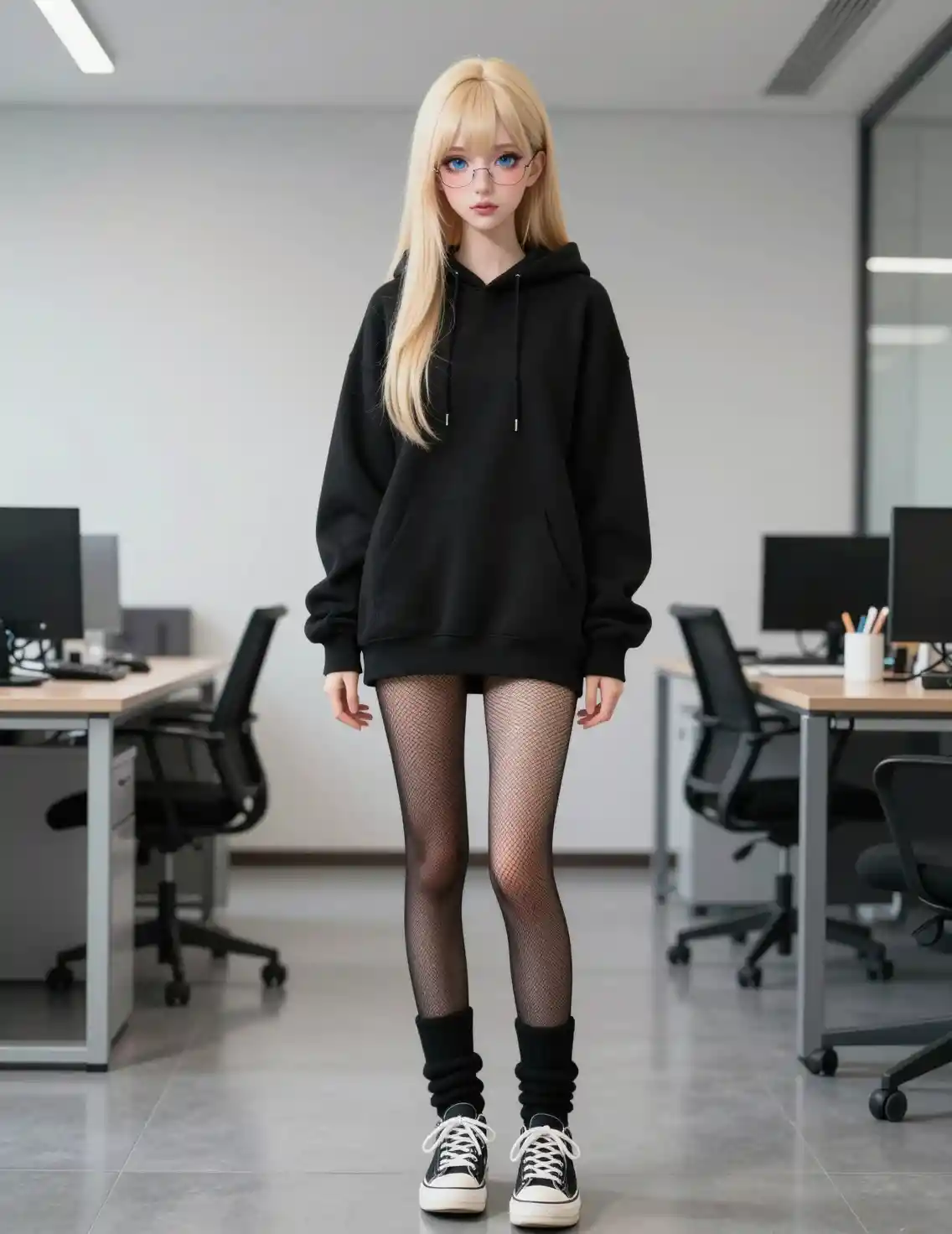 Androgynous anime boy in black streetwear standing in office