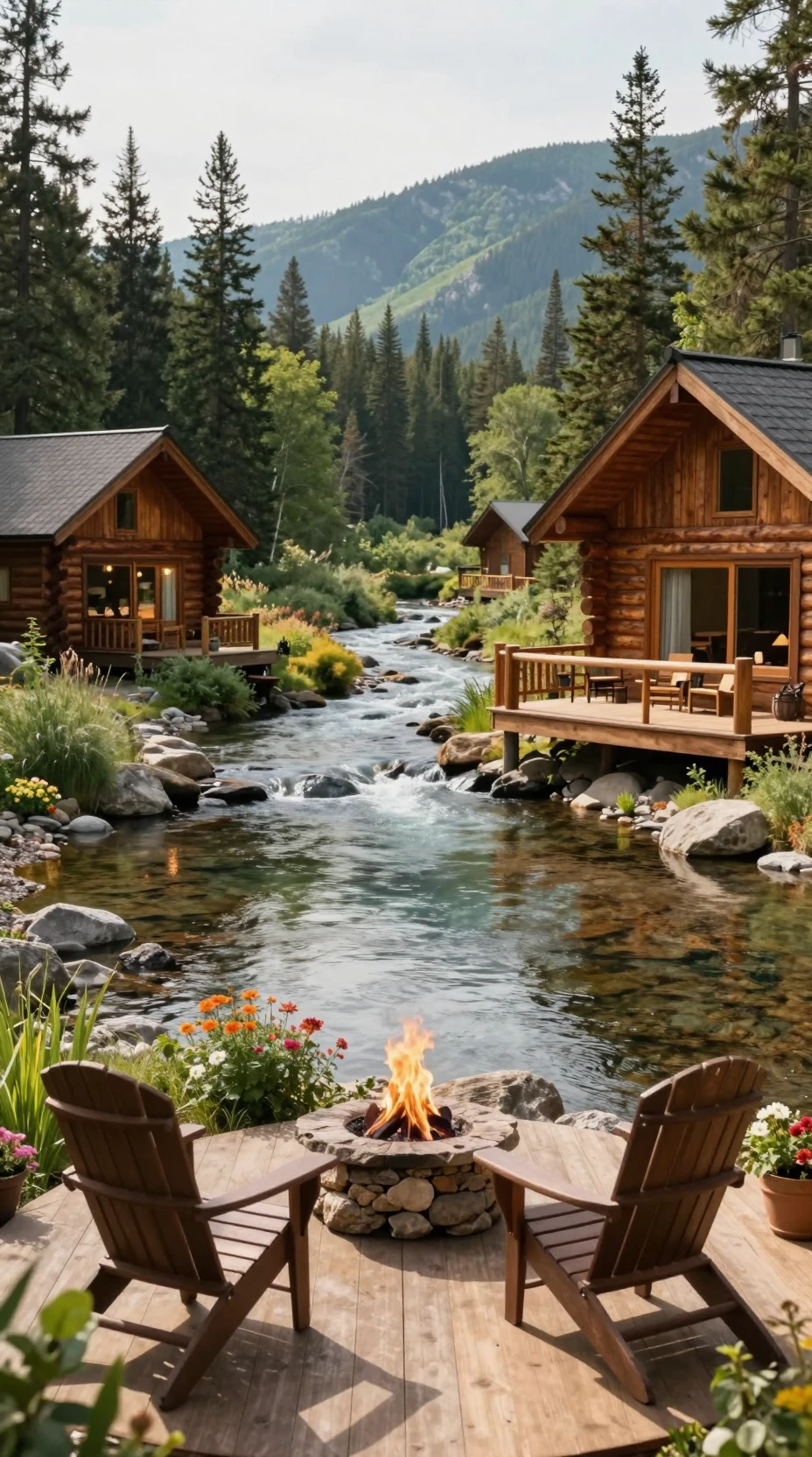 Cozy riverside log cabin in a peaceful mountain valley