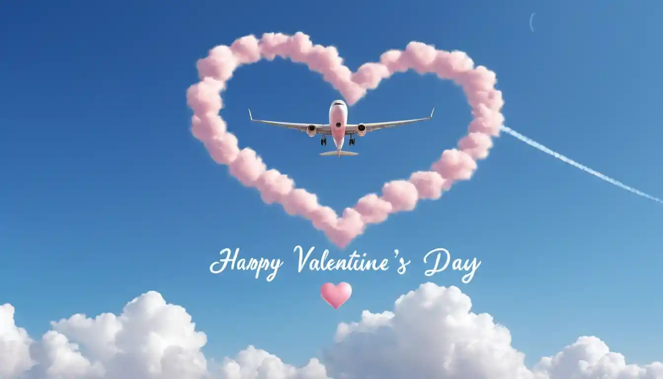 Airplane writing happy valentines message in a cloud sky
